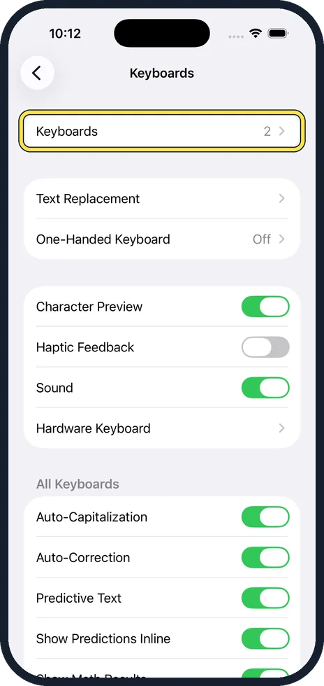 iPhone screen: Tap Keyboards at the top