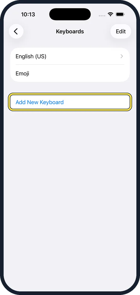 iPhone screen: Tap Add New Keyboard