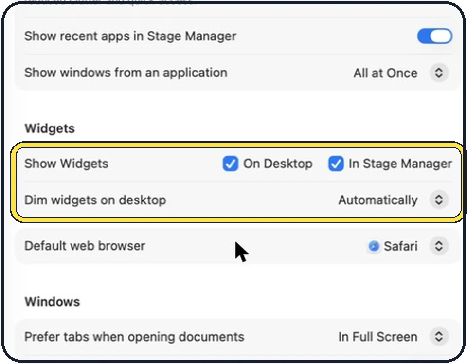 Part of the Mac System Settings window: Adjust the widget settings
