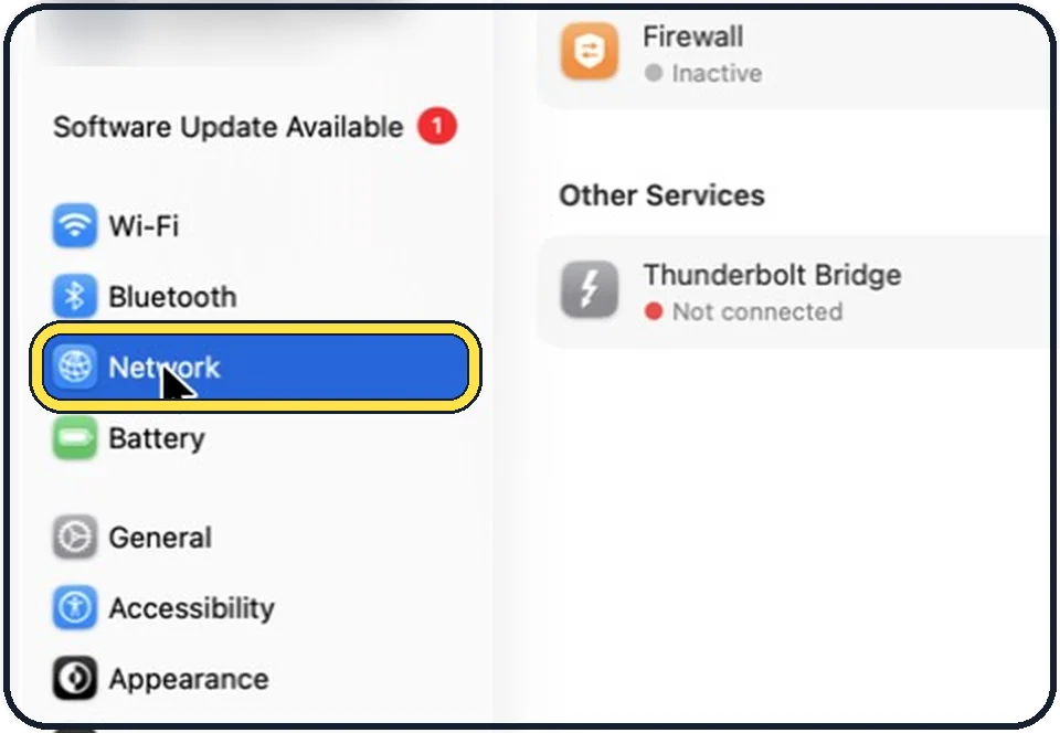 Part of the Mac System Settings window: Open System Settings and click Network