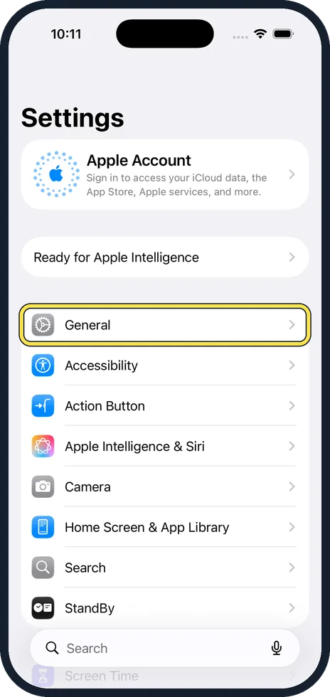 iPhone screen: Open Settings and tap General