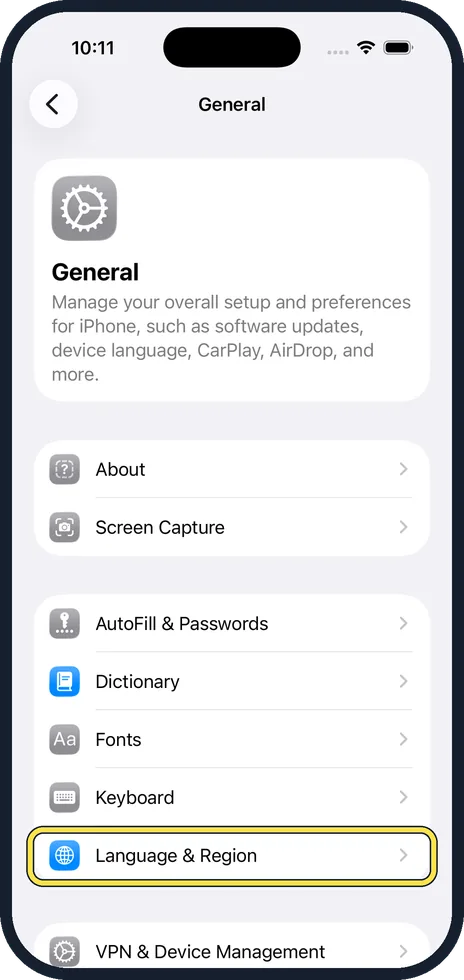 iPhone screen: Tap Language & Region