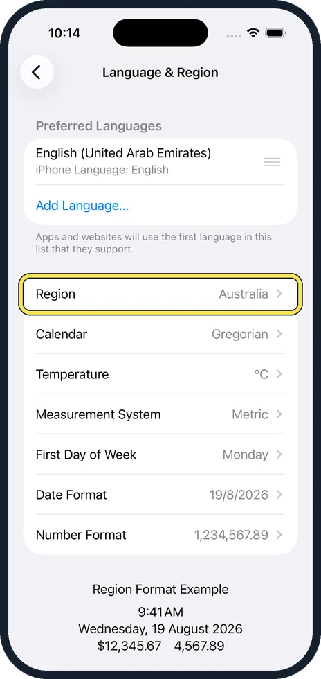 iPhone screen: Tap Region and choose your country