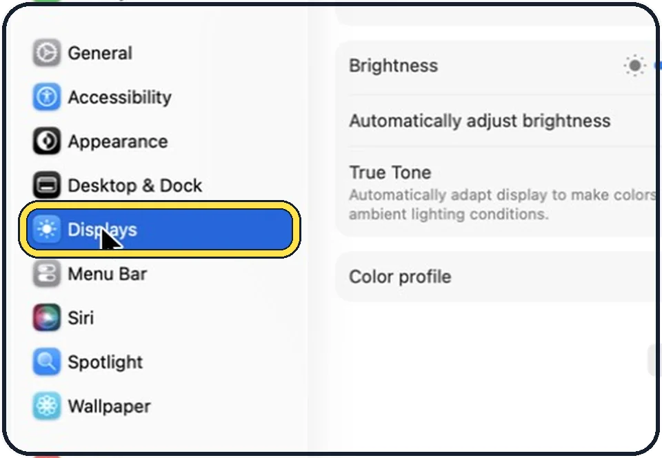 Part of the Mac System Settings window: Open System Settings and click Displays