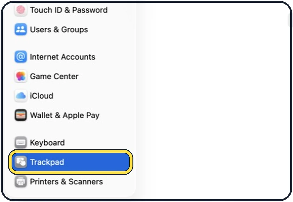 Part of the Mac System Settings window: Open System Settings and click Trackpad