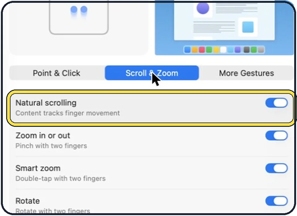 Part of the Mac System Settings window: Switch Natural scrolling off