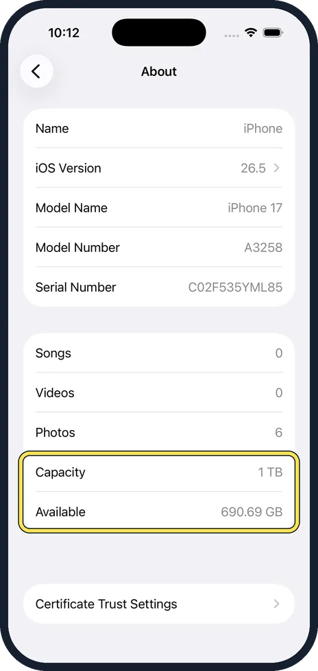 iPhone screen: Read Capacity and Available
