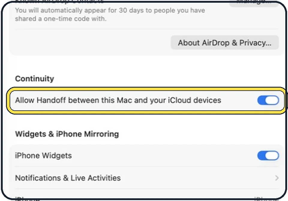Part of the Mac System Settings window: Mac: switch on Handoff