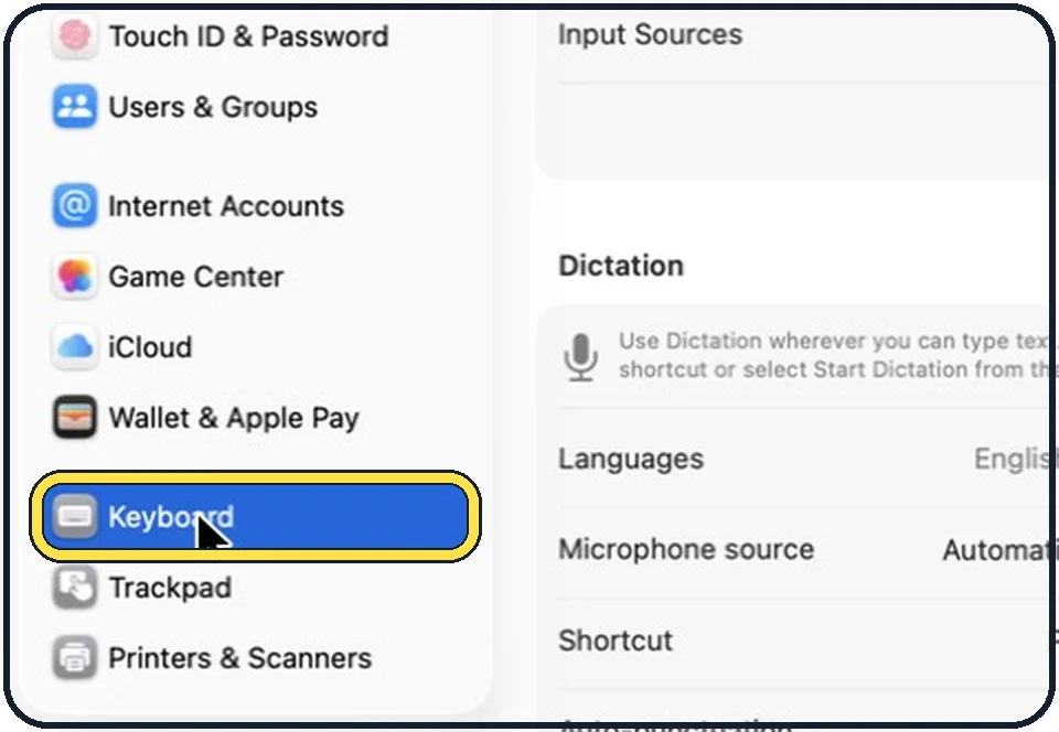 Part of the Mac System Settings window: Open System Settings and click Keyboard