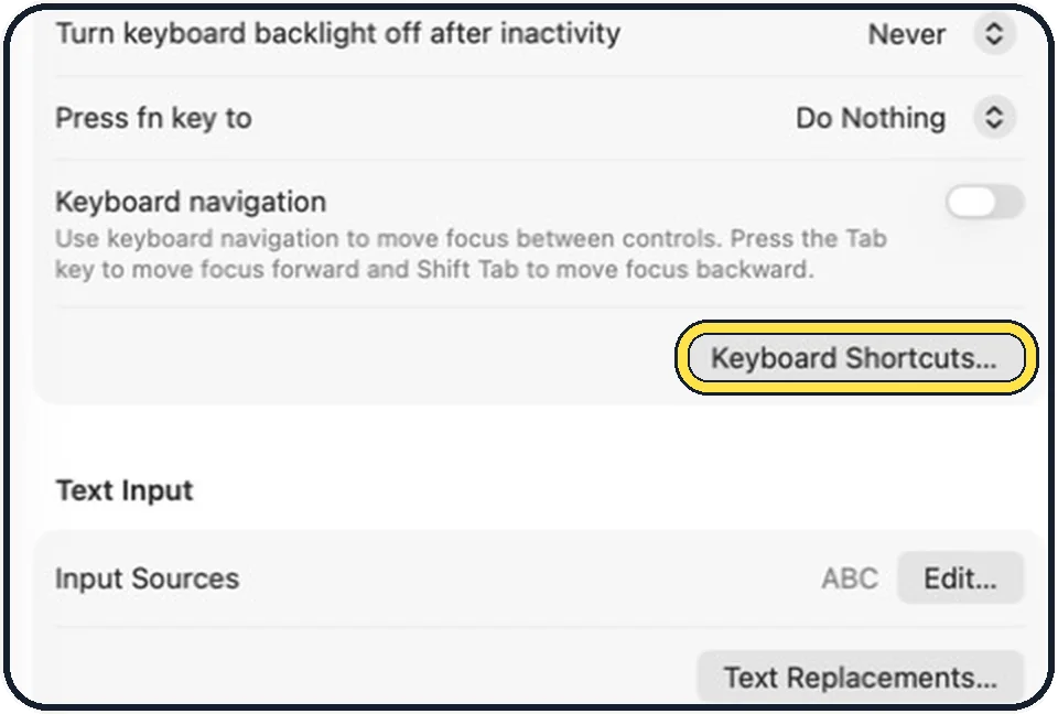 Part of the Mac System Settings window: Click Keyboard Shortcuts