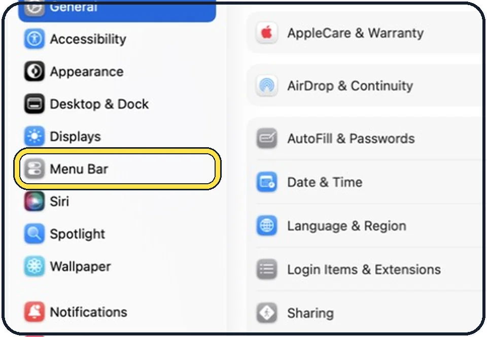 Part of the Mac System Settings window: Open System Settings and click Menu Bar