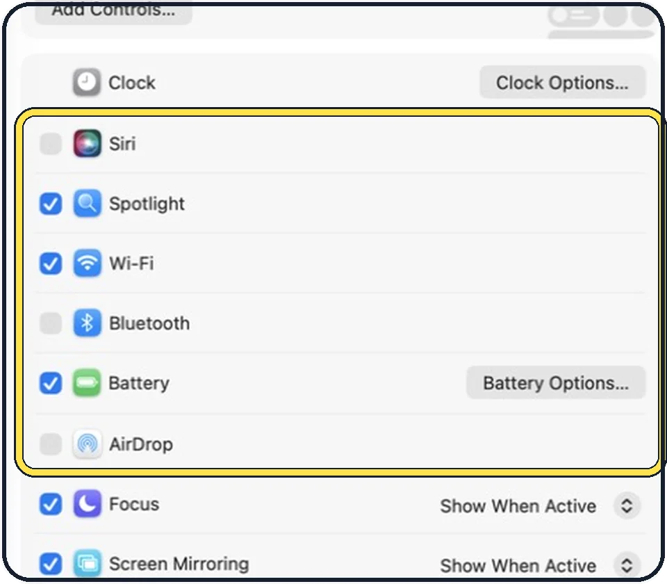 Part of the Mac System Settings window: Select the icons you want