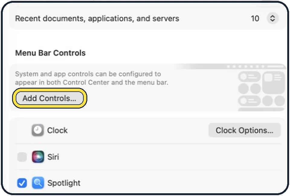 Part of the Mac System Settings window: Add a control from Control Centre
