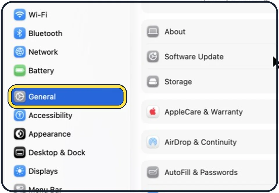 Part of the Mac System Settings window: Open System Settings and click General