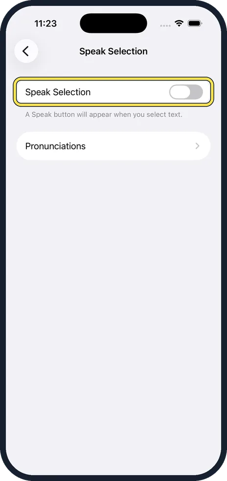iPhone screen: Switch on Speak Selection