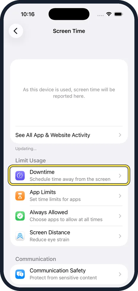 iPhone screen: Tap Downtime