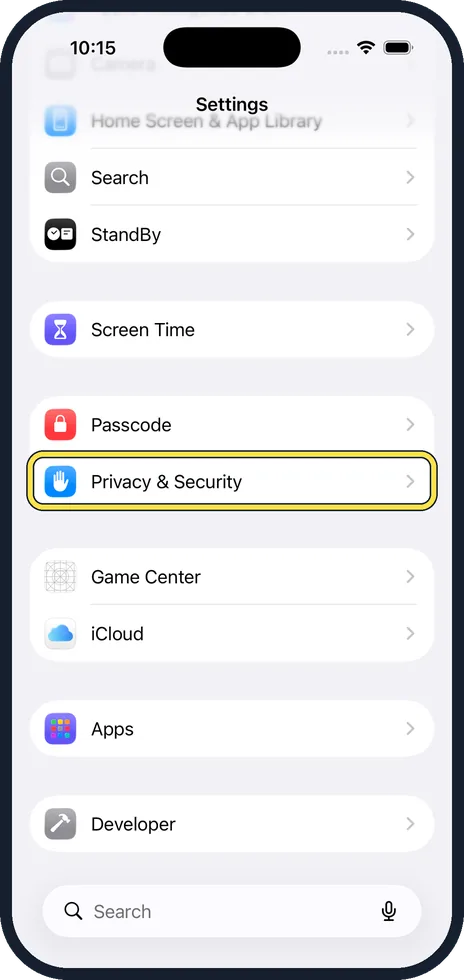 iPhone screen: Open Settings and tap Privacy & Security