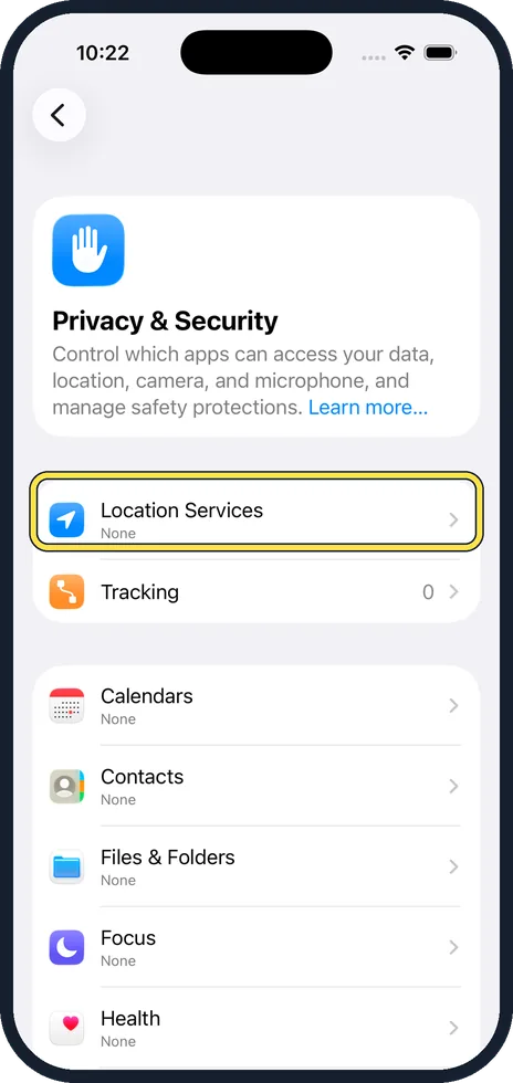 iPhone screen: Open Location Services