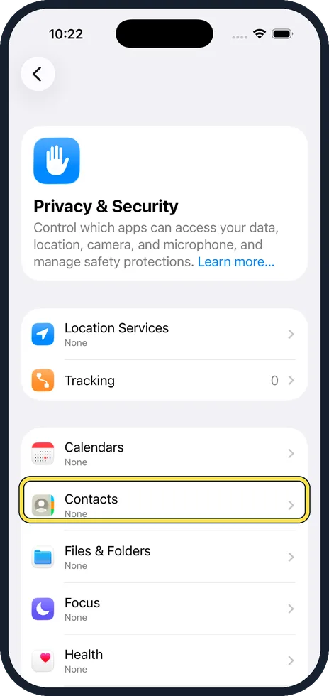 iPhone screen: Go back and open Contacts