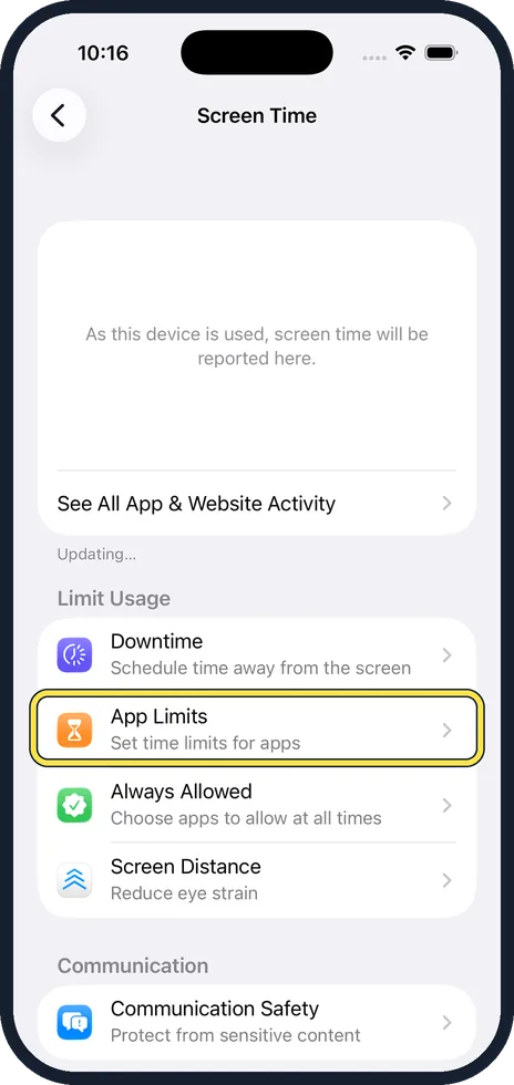 iPhone screen: Tap App Limits