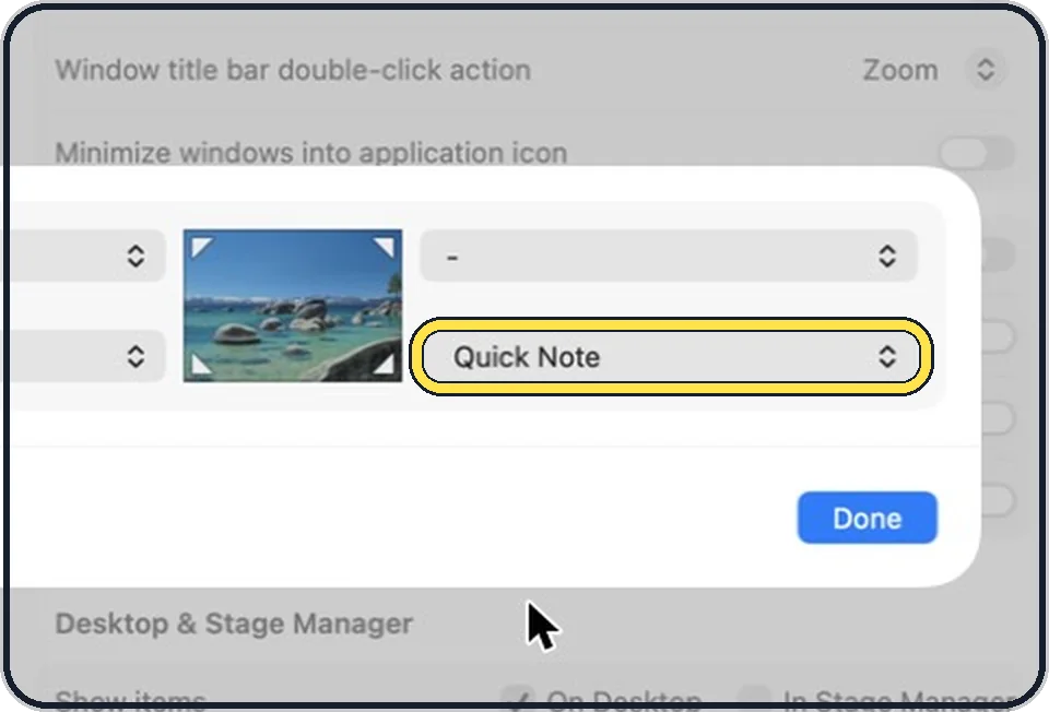 Part of the Mac System Settings window: Choose an action for a corner