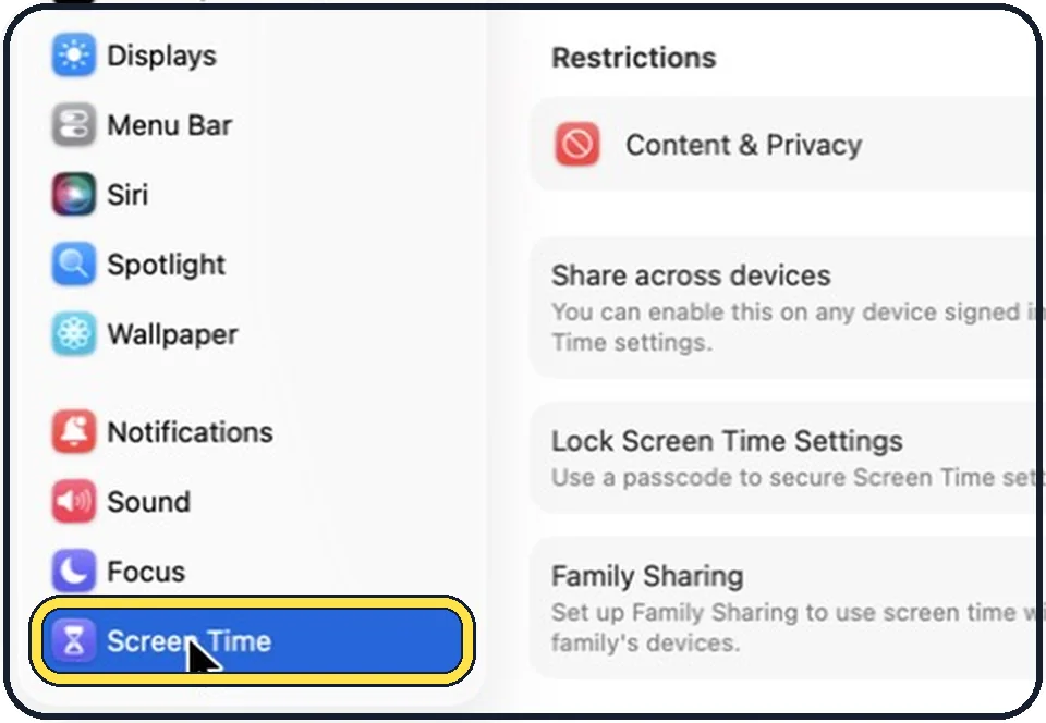Part of the Mac System Settings window: Open System Settings and click Screen Time