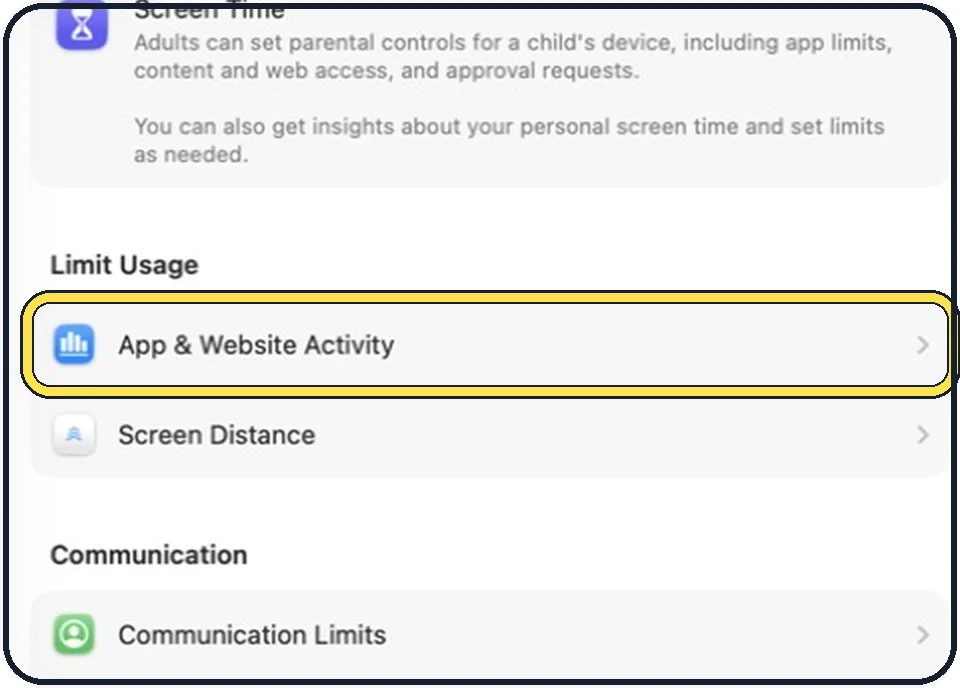 Part of the Mac System Settings window: Turn on App & Website Activity