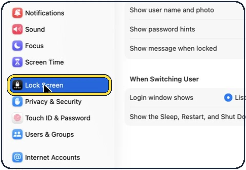 Part of the Mac System Settings window: Open System Settings and click Lock Screen