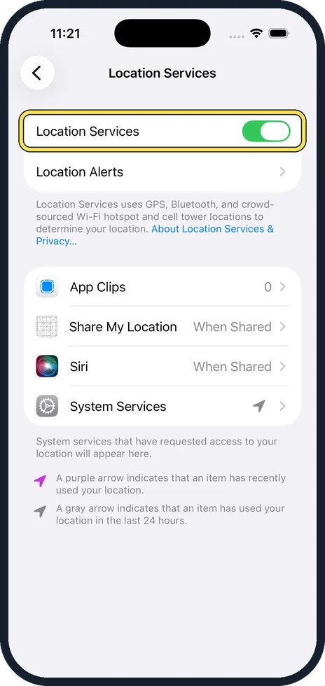 iPhone screen: Use the main switch
