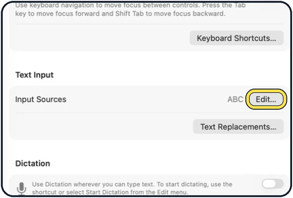 Part of the Mac System Settings window: Click Edit in the Text Input section
