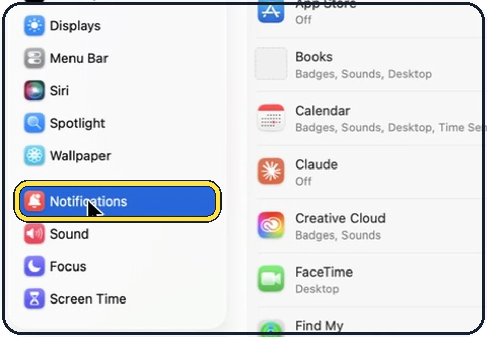 Part of the Mac System Settings window: Open System Settings and click Notifications