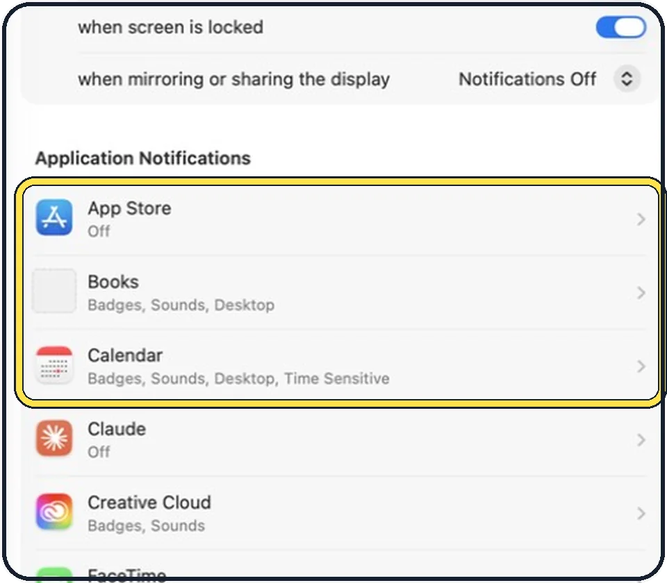 Part of the Mac System Settings window: Click the app or website