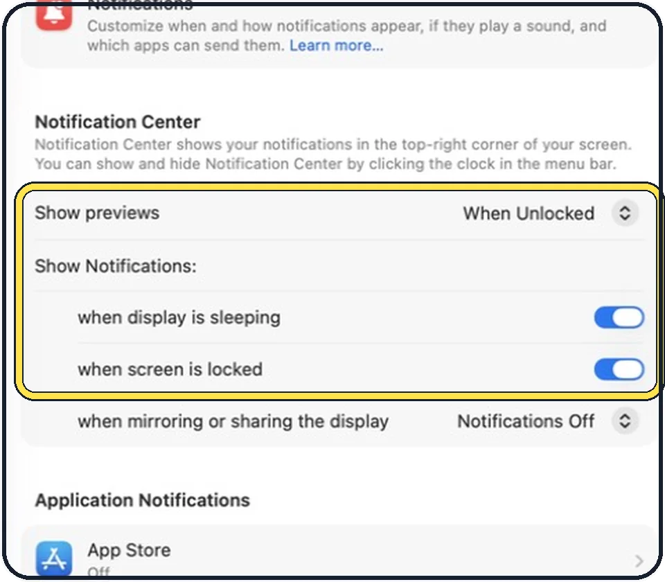 Part of the Mac System Settings window: Hide notifications on the Lock Screen