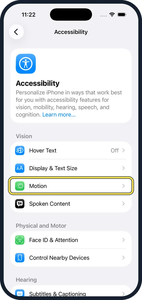 iPhone screen: Tap Motion