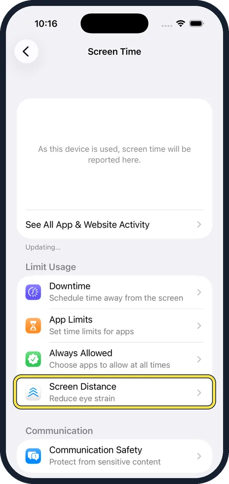 iPhone screen: Tap Screen Distance