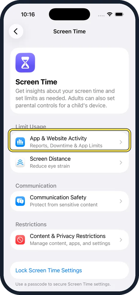 iPhone screen: Tap App & Website Activity