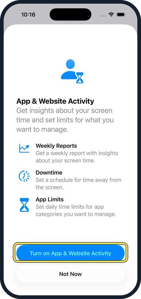 iPhone screen: Tap Turn On App & Website Activity