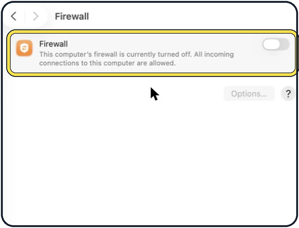 Part of the Mac System Settings window: Click Firewall and switch it on