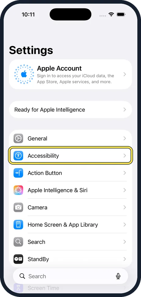 iPhone screen: Open Settings, Accessibility, Touch