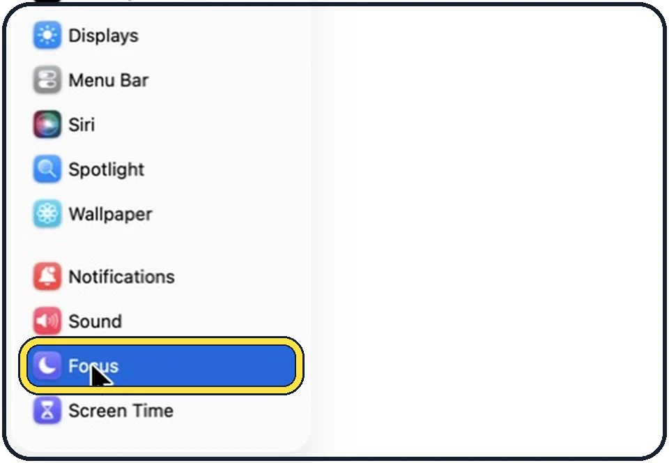 Part of the Mac System Settings window: Open System Settings and click Focus