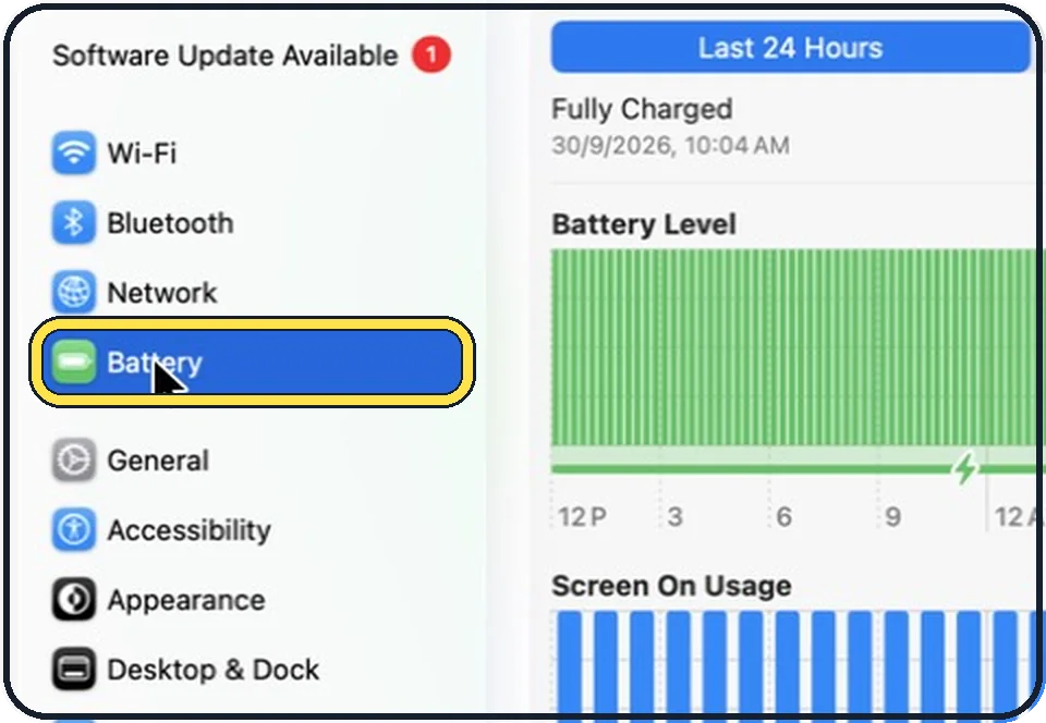 Part of the Mac System Settings window: Open System Settings and click Battery