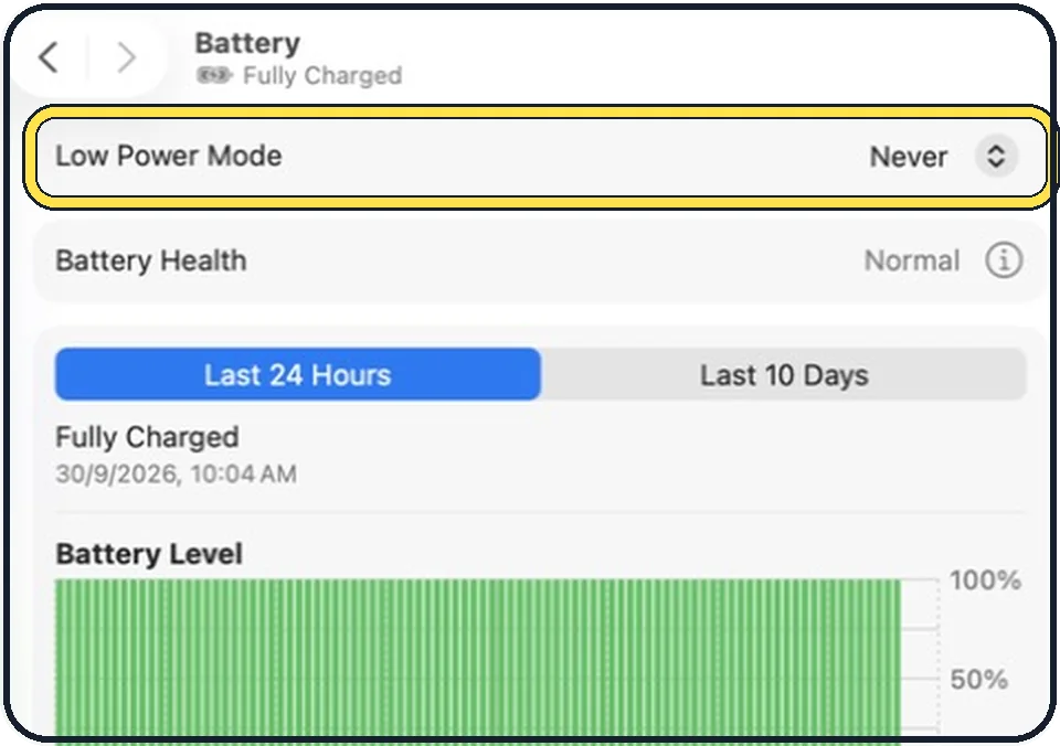 Part of the Mac System Settings window: Open the Low Power Mode menu