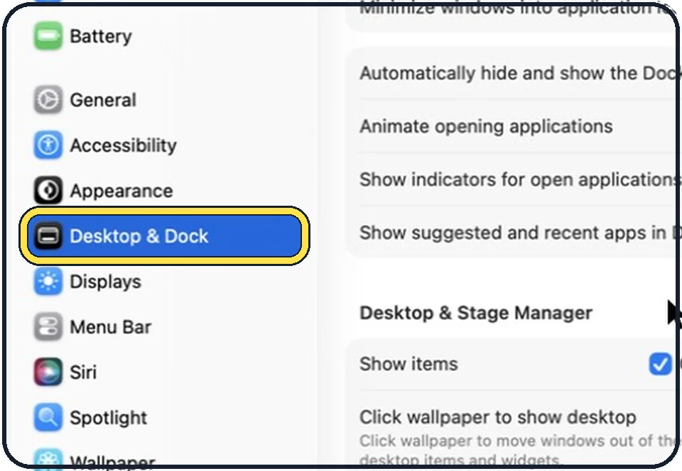 Part of the Mac System Settings window: Open System Settings and click Desktop & Dock