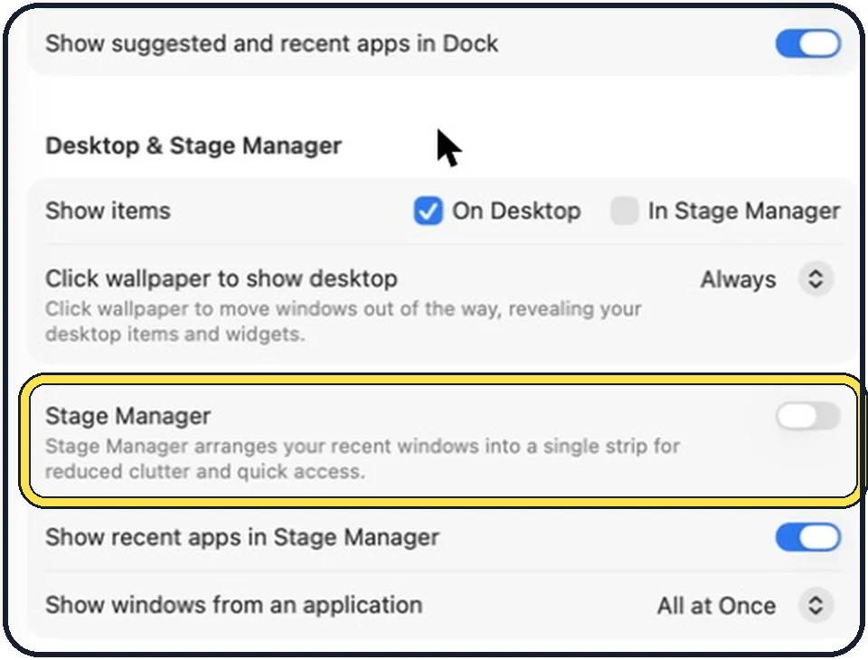 Part of the Mac System Settings window: Turn on Stage Manager