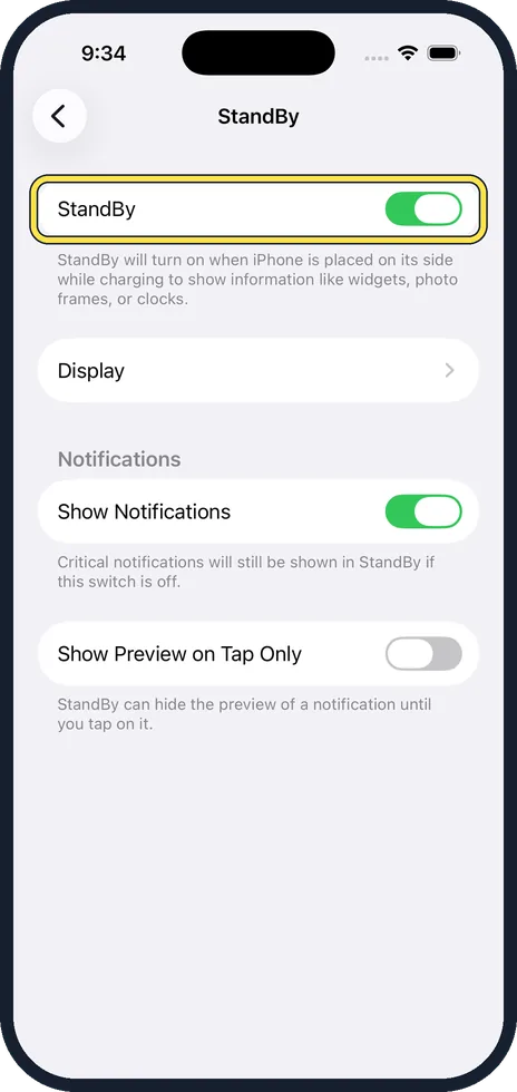 iPhone screen: Check that StandBy is on