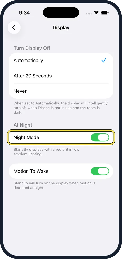 iPhone screen: Set when the screen turns off and Night Mode