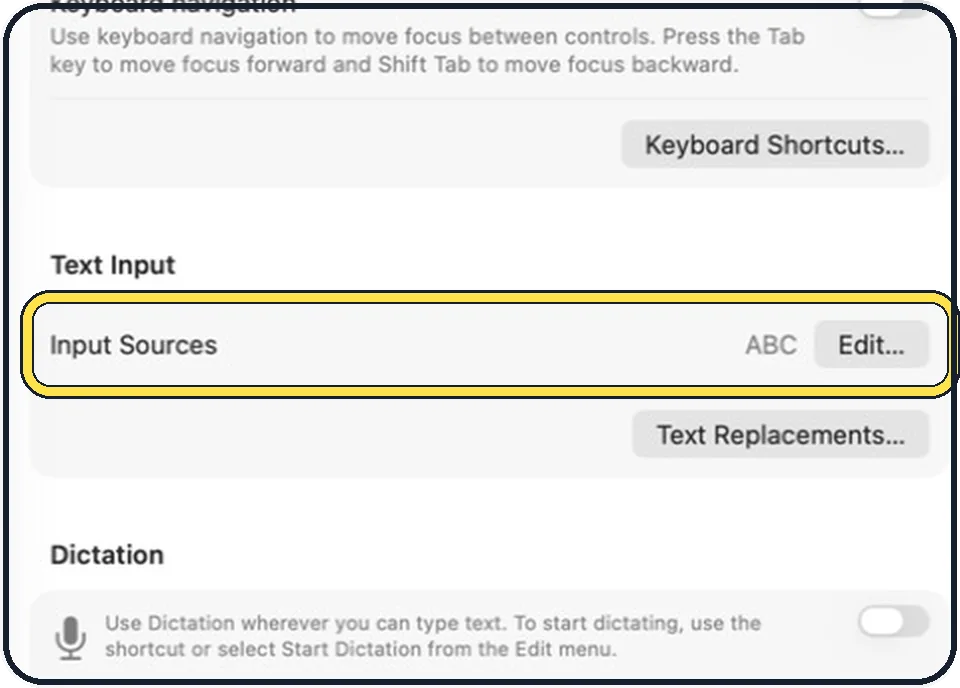 Part of the Mac System Settings window: Check the keyboard layout