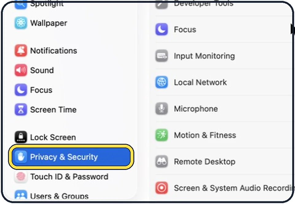 Part of the Mac System Settings window: Open Privacy & Security