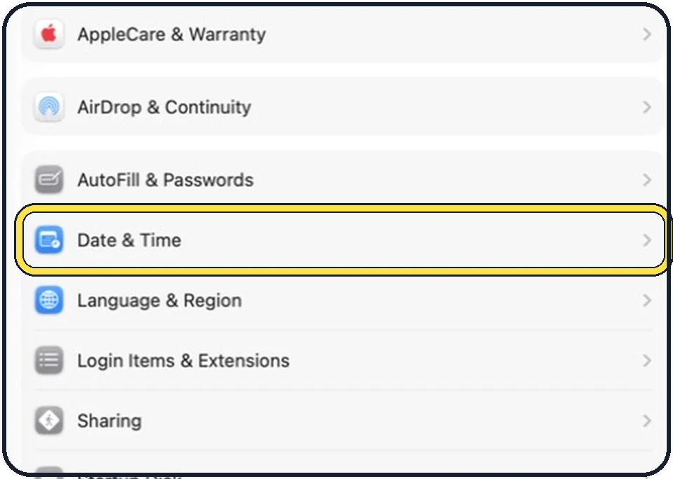 Part of the Mac System Settings window: Open System Settings, General, Date & Time