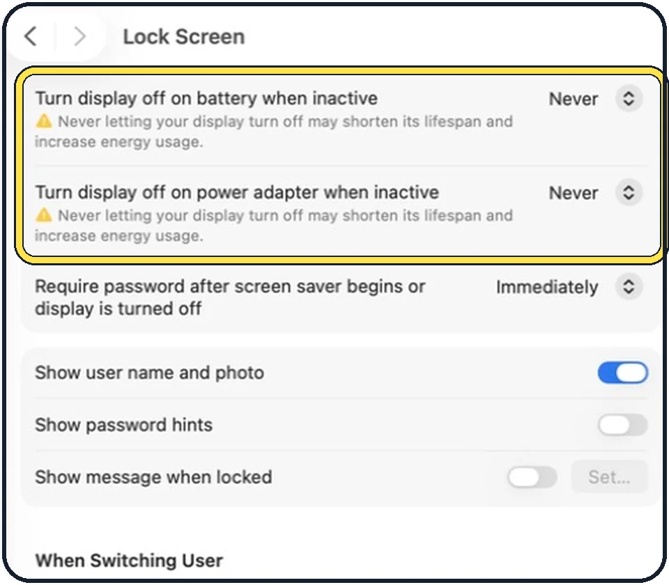 Part of the Mac System Settings window: Check the sleep times